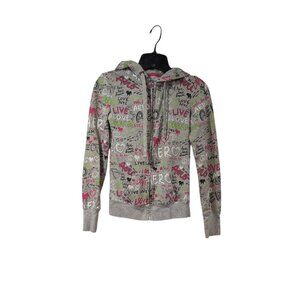Aeropostale Y2K Vintage Gray Multicolored Graffiti Full Zip Hooded Jacket Sz XS